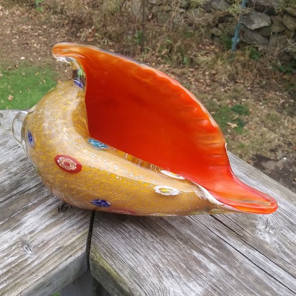 Seashell shaped art glass with millefiori ~ 10.5" long by 4.5" tall